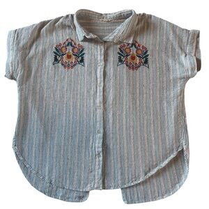 Mystree Embroidered Floral Striped Button Down Blouse Large Boho Cottagecore